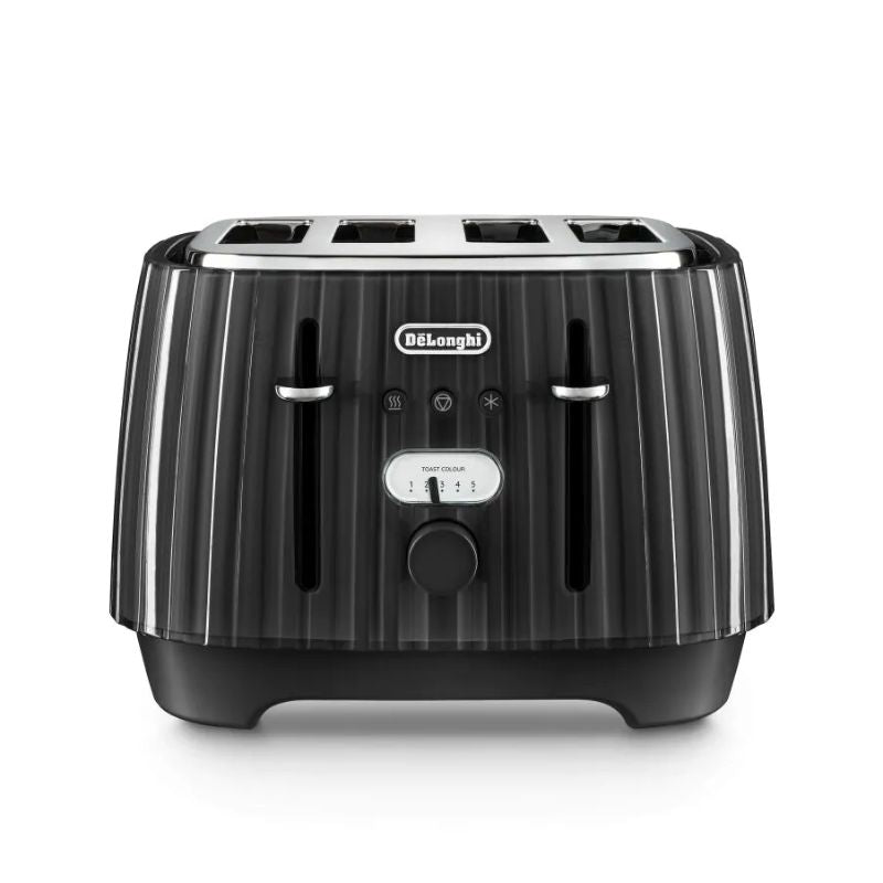 Stylish De'Longhi Ballerina 4-Slice Toaster in Furnace Black with variable browning control and removable crumb tray.