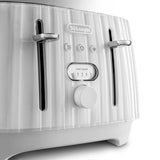 De'Longhi Ballerina 4-Slice Toaster in Opaline White, featuring elegant design, variable browning control, and removable crumb tray.