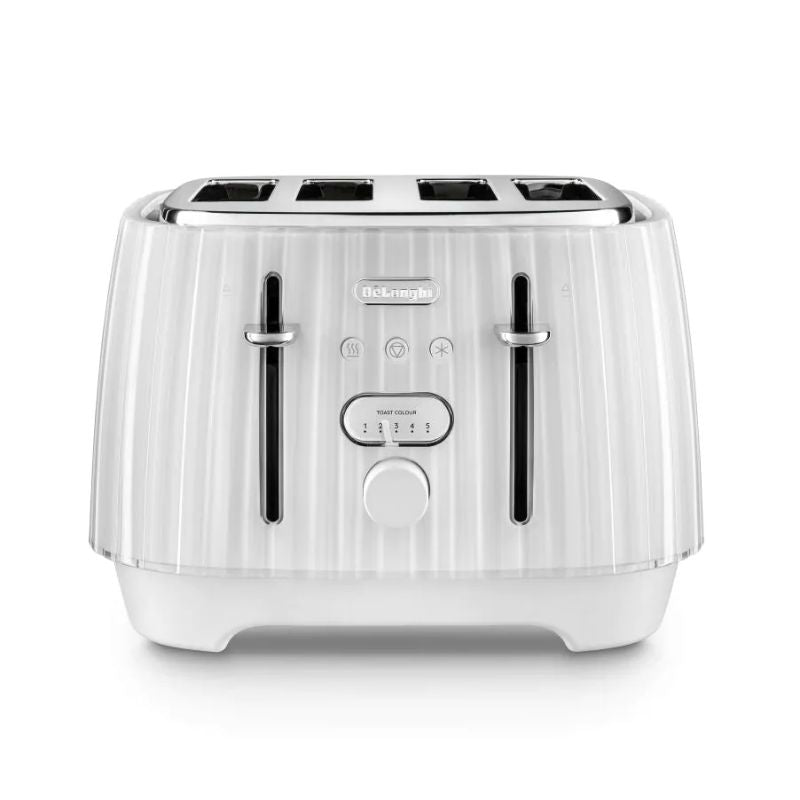 De'Longhi Ballerina 4-Slice Toaster in Opaline White, featuring elegant Venetian design and easy-to-use browning controls.