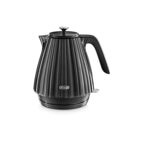 De'Longhi Ballerina Kettle in Furnace Black, 1.7L capacity, elegant Venetian glass design, detachable base, and 2000W power.