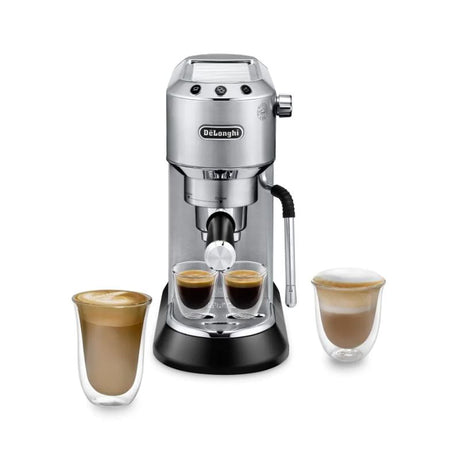 Compact De'Longhi Dedica Arte Manual Coffee Machine with sleek stainless steel design and 15 bar pressure for café-quality espresso.