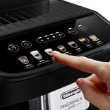 De'Longhi Magnifica Evo coffee machine in silver and black, featuring one-touch recipes and automatic milk frothing.