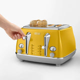 Bright yellow De'Longhi Icona 4-Slice Toaster with dual controls, 6 browning settings, and lever lift for easy toast removal.