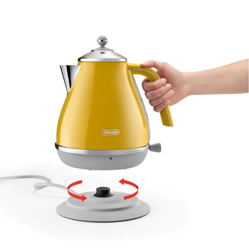 Vibrant yellow DeLonghi kettle with high gloss finish, 360° base, 1.7L capacity, and advanced safety features.