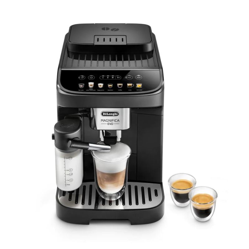 Sleek silver and black De'Longhi Magnifica Evo coffee machine for barista-quality beverages with automatic milk foam and convenient features.