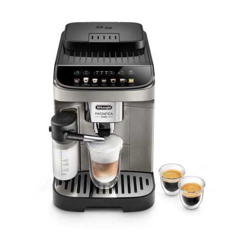 De'Longhi Magnifica Evo coffee machine in Titan, featuring 7 one-touch recipes and a creamy LatteCrema milk system.