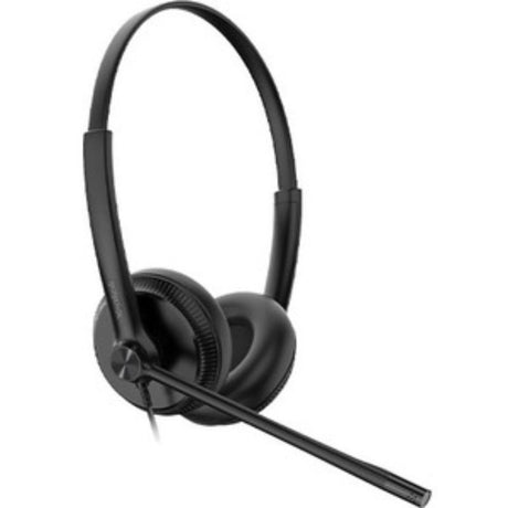 Yealink YHS34 Dual Headset for IP Phones, featuring RJ9 jack, leather cushions, lightweight design, and passive noise cancellation.