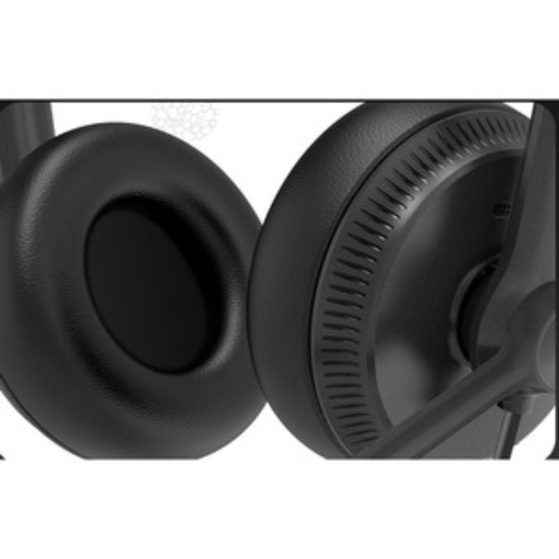 Yealink YHS34 Dual Headset showcasing plush ear cushions, RJ9 connection, designed for clear audio and all-day comfort.