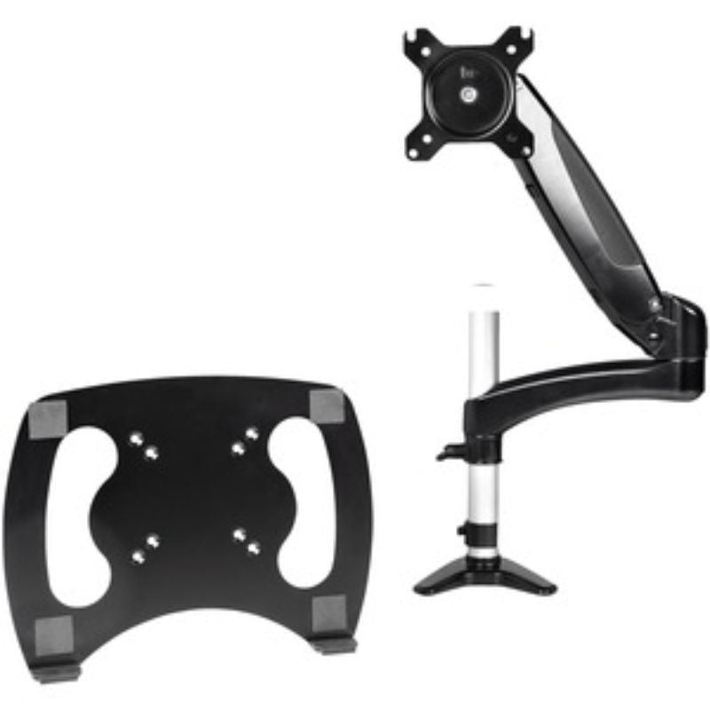 Black adjustable mounting arm for laptops and monitors, supports up to 34" screens, promoting ergonomic workspace efficiency.