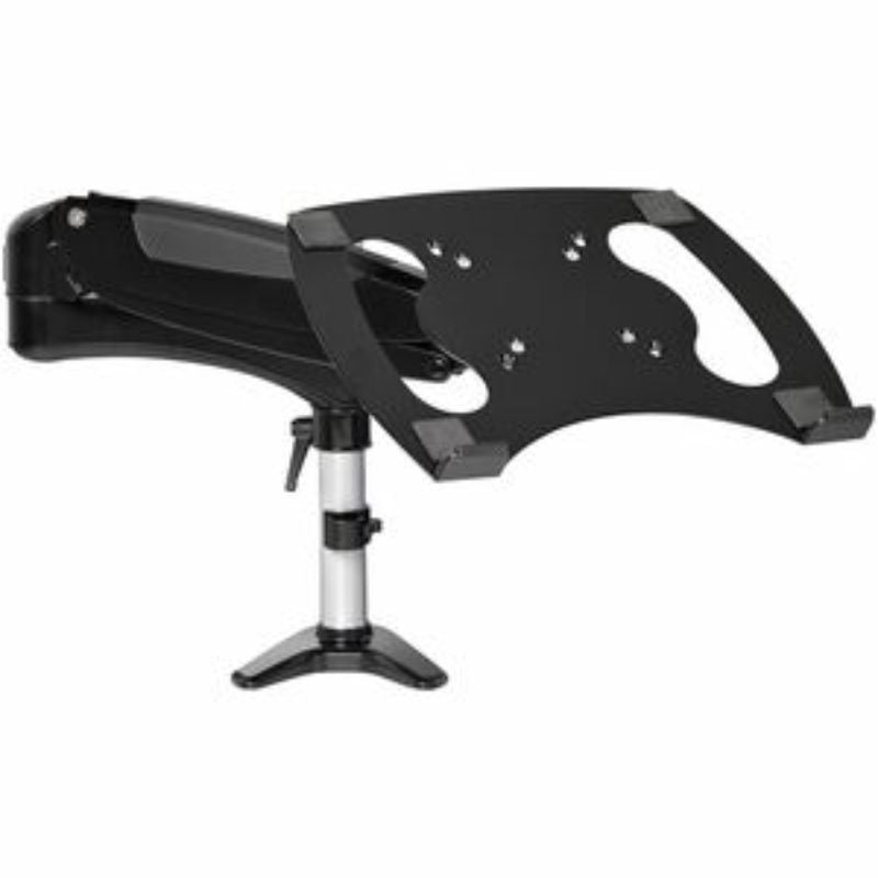 Adjustable black mounting arm for laptops and monitors, supporting up to 34" screens and promoting ergonomic workspace efficiency.