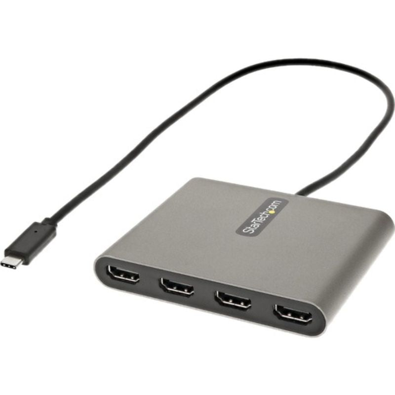 USB-C to HDMI adapter enabling 4 monitor connections, 1080p resolution, and audio support for enhanced productivity.