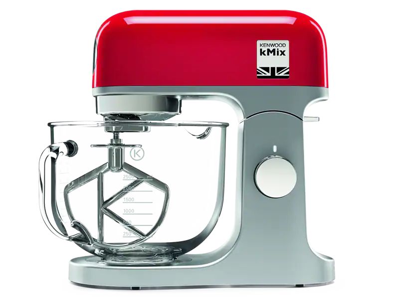 Kenwood kMix Stand Mixer in Spicy Red with 1000W motor, 6 speeds, 5L glass bowl, and versatile attachments for efficient baking.