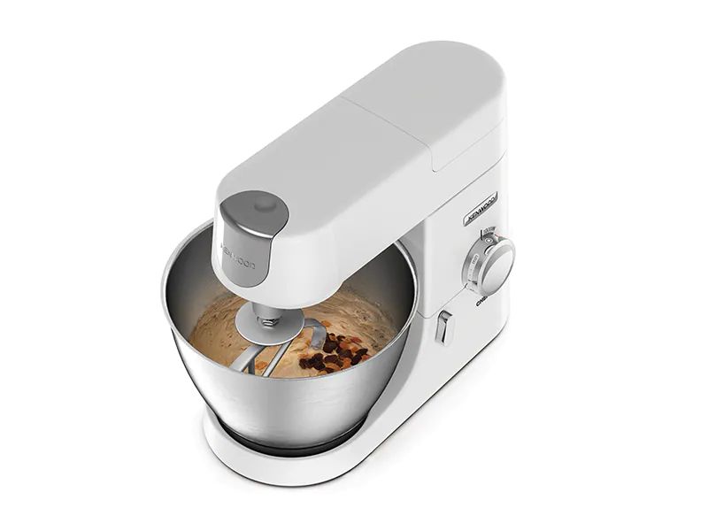 De'Longhi Chef stand mixer in white with 4.6L capacity, variable speeds, and essential attachments for effortless food prep.