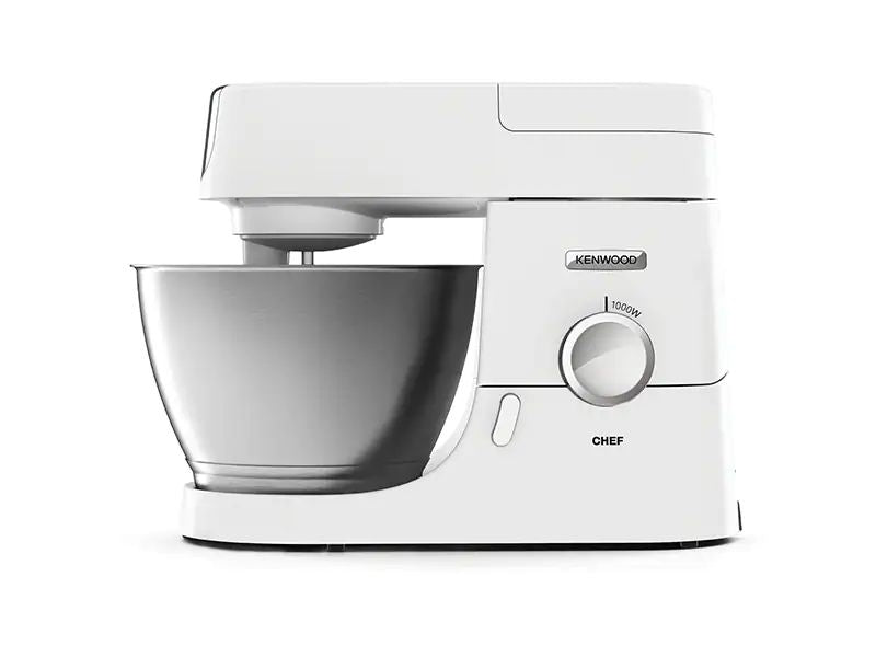 De'Longhi Chef stand mixer in white, featuring a 4.6L bowl, 1000W power, variable speeds, and multiple attachments for versatile cooking.