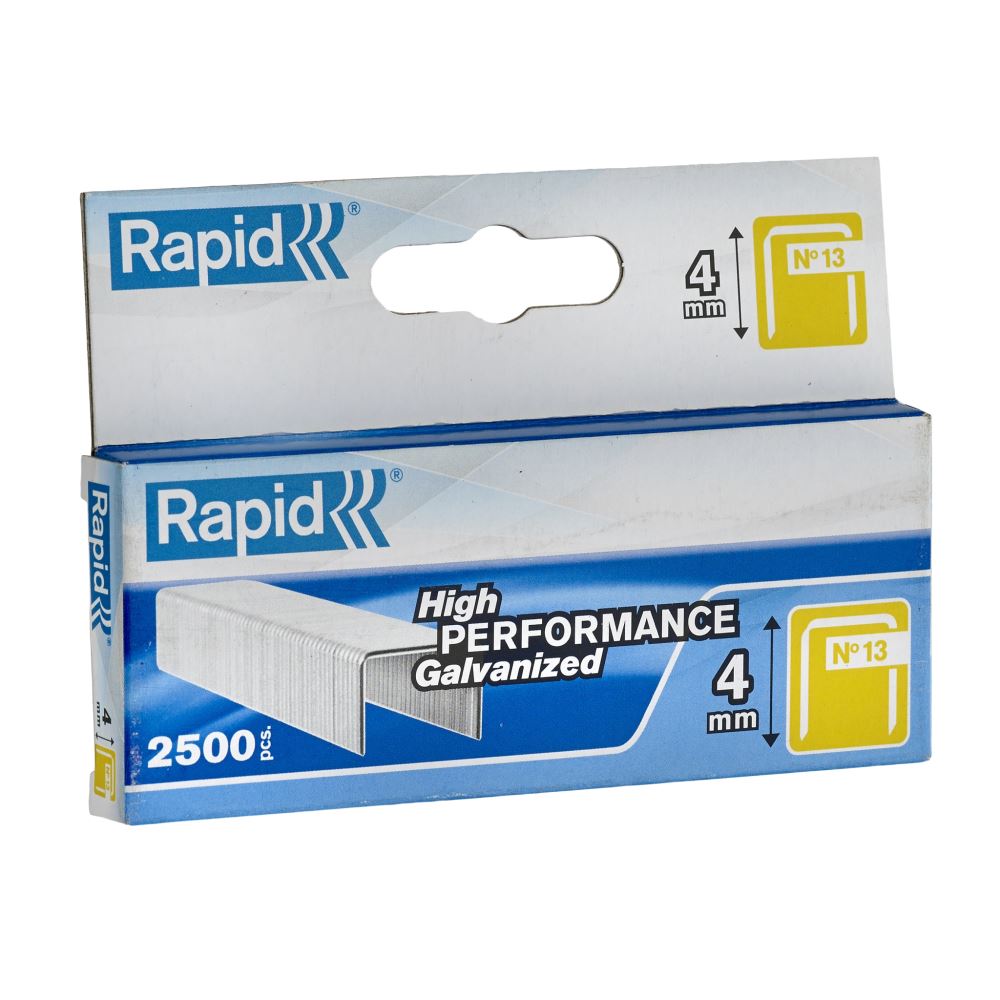 Rapid Staples 13/4, 2500 fine wire staples, 4mm leg, 10.6mm crown, galvanized for durability, ideal for textiles and crafts.