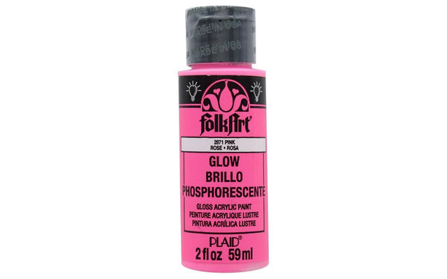 Folk Art Acrylic Glow In The Dark Paint in vibrant pink, 2oz bottle, perfect for luminous arts and crafts projects.