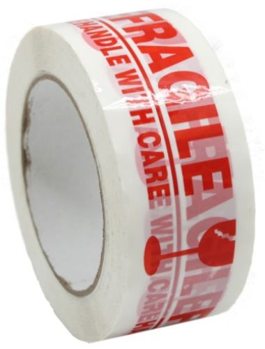 Red and white acrylic fragile tape roll, 48mmx100m, for protecting delicate items during shipping and storage.