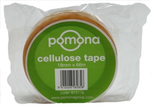 Clear cellulose tape roll, 18mmx66m, ideal for crafting, packaging, and repairs with strong adhesive and easy-to-tear design.