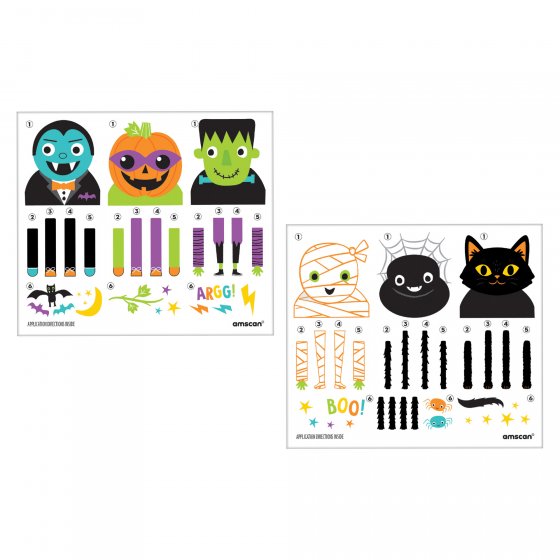 Colorful pack of 12 temporary Halloween hand tattoos featuring spooky designs for festive looks and easy application.