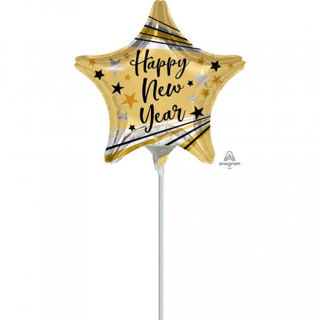 Vibrant 22cm Happy New Year foil balloons featuring colorful bursts and stars, perfect for festive celebrations.