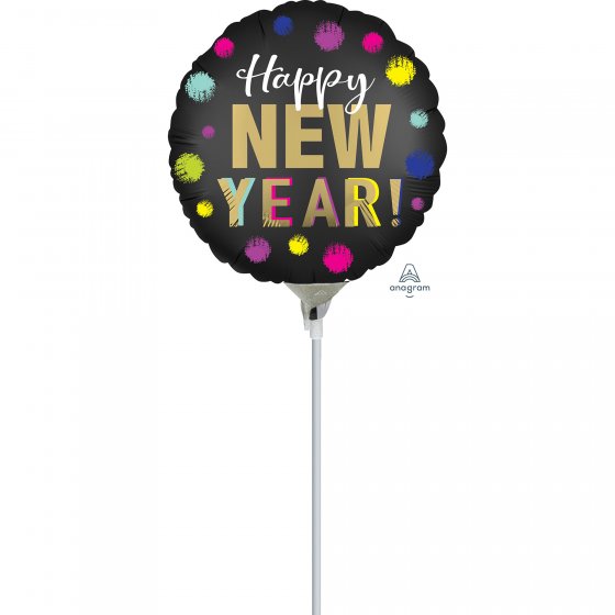 22cm Happy New Year foil balloon with elegant satin dots, perfect for festive indoor and outdoor celebrations.