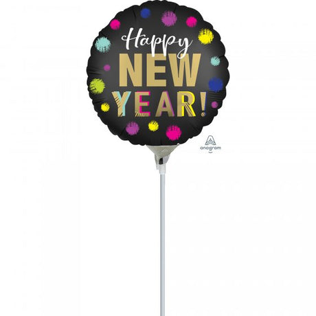 22cm Happy New Year foil balloon with elegant satin dots, perfect for festive indoor and outdoor celebrations.