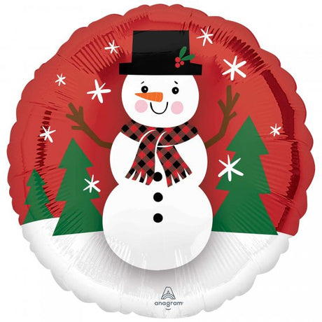 45cm Smiley Snowman balloon, a whimsical and durable decoration for Christmas and winter celebrations, easy to inflate and deflate.