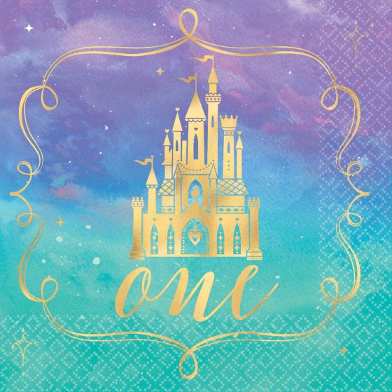 Disney Princess 1st Birthday beverage napkins, hot stamped, featuring enchanting characters, perfect for festive celebrations.