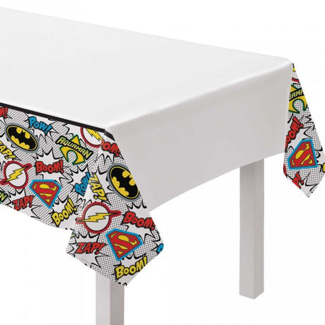 Colorful Justice League Heroes Unite paper tablecover featuring Superman, Batman, Wonder Woman for superhero-themed parties.