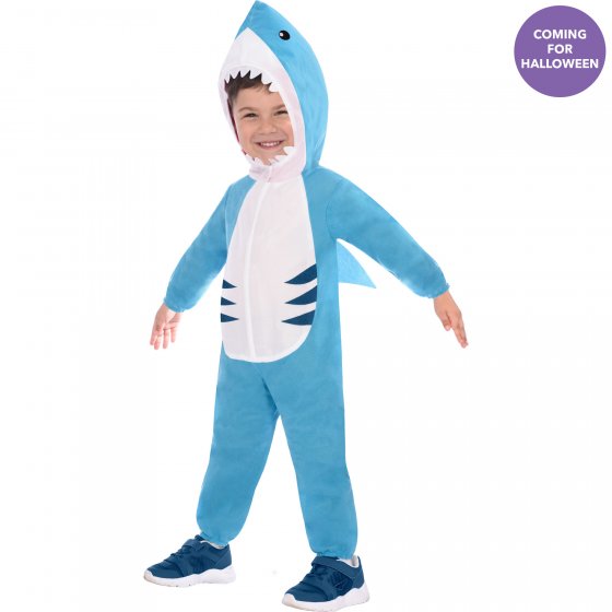 Child-sized Great White Shark costume jumpsuit for ages 4-6, featuring detailed fins and tail for imaginative play.