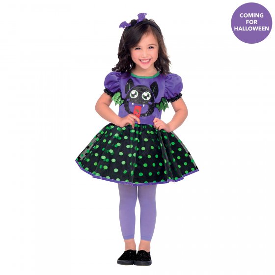 Adorable bat-themed dress and headband for girls 12-24 months, perfect for Halloween and dress-up fun.