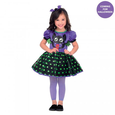 Adorable bat-themed dress and headband for girls 12-24 months, perfect for Halloween and dress-up fun.