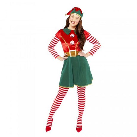 Cheerful women's elf costume in size 16-18, featuring a vibrant dress and matching hat for festive gatherings.