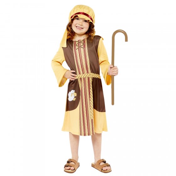 Costume for girls aged 3-4 featuring a dress, headdress, and crook, perfect for Nativity plays and festive gatherings.