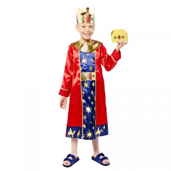 Nativity Wise Man costume for boys aged 3-4, featuring a colorful robe, crown, and gift accessory for festive play.