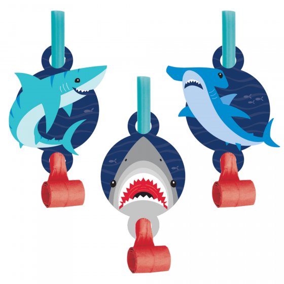 Colorful shark-themed party blowouts with medallions, perfect for festive celebrations and ocean-themed events. Pack of 8.
