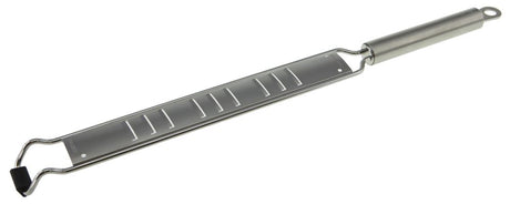 Alt text: "Savannah Premium Grater Narrow Shaver in stainless steel for fine garnishes, featuring a hanging loop and dishwasher safe design."