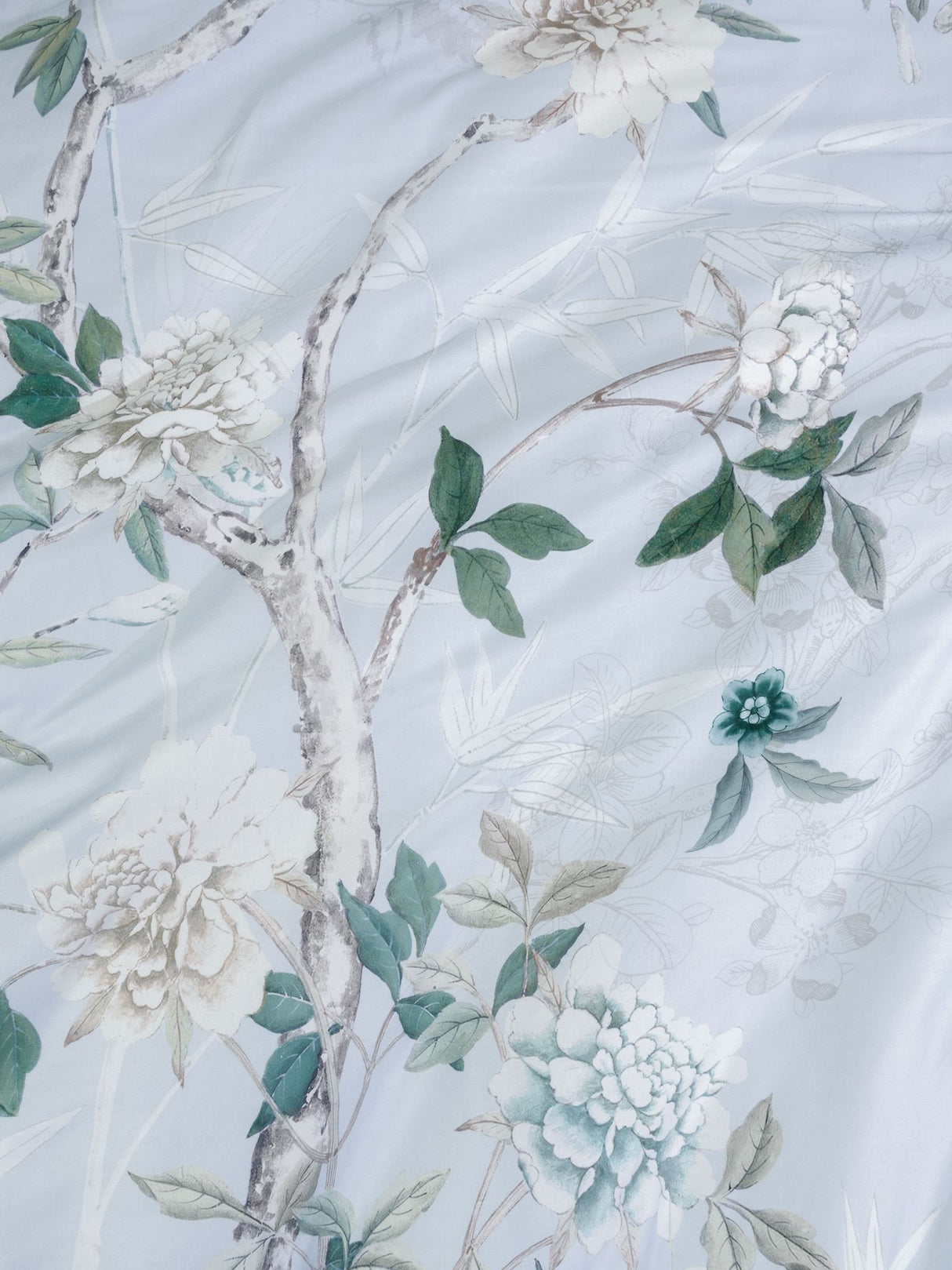 Powder blue duvet cover set with vintage foliage design, 100% cotton sateen, includes matching pillowcases.