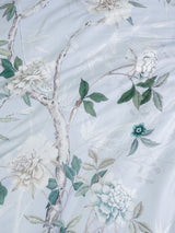 Powder blue duvet cover set with vintage foliage design, 100% cotton sateen, includes matching pillowcases.