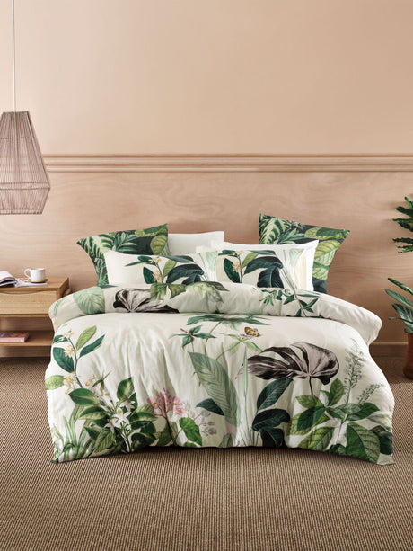 Elegant Australian Super King duvet cover set featuring hand-drawn greenery on a soft linen backdrop, crafted from 100% cotton sateen.