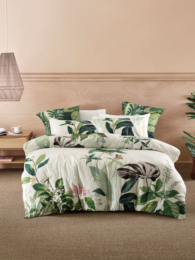Elegant Australian Super King duvet cover set featuring hand-drawn greenery on a soft linen backdrop, crafted from 100% cotton sateen.