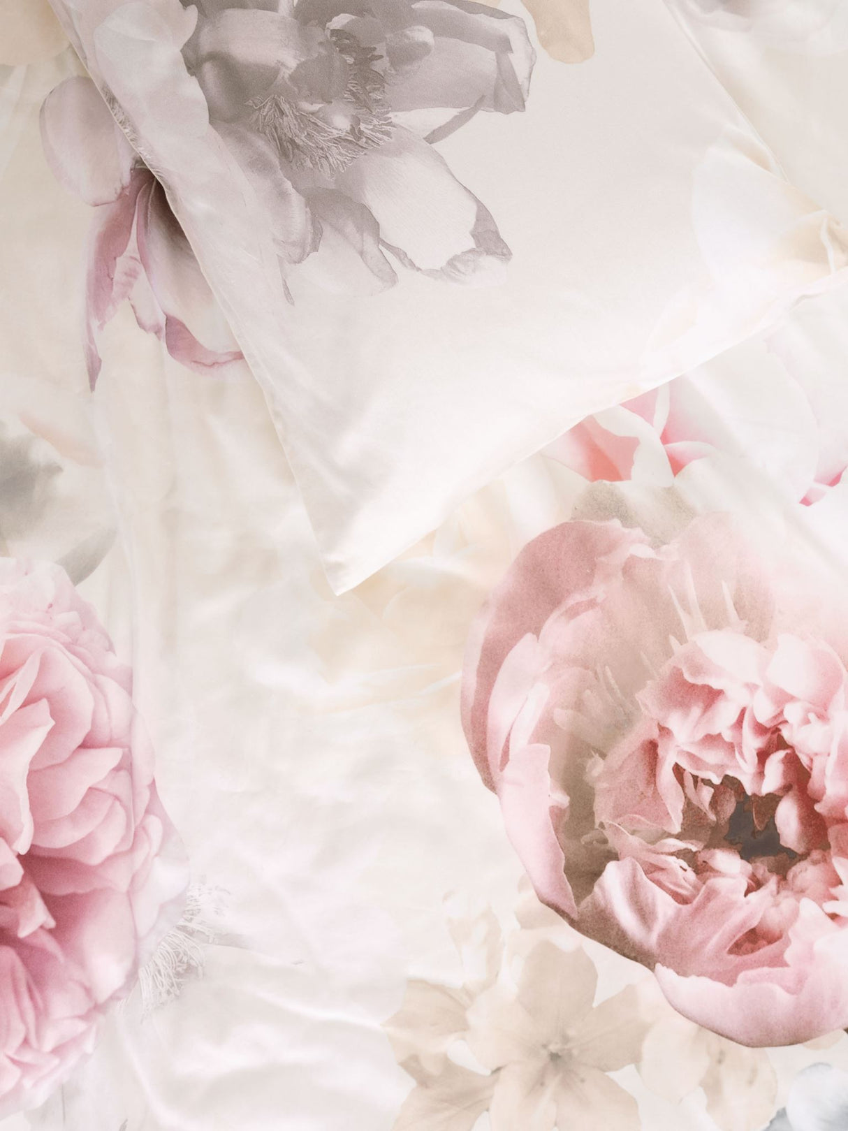 Super King Duvet Cover Set featuring romantic roses and peonies on soft cotton sateen in delicate pink and taupe hues.