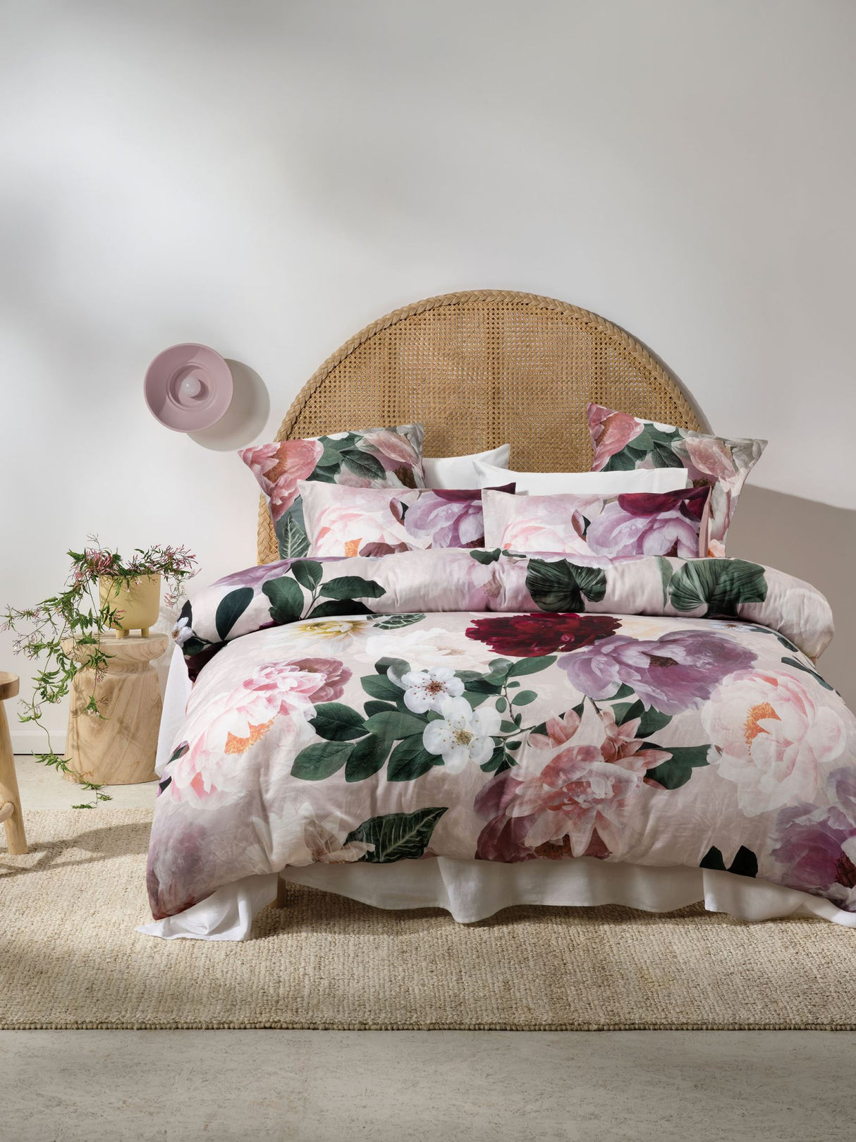 Blush King Duvet Cover Set by Savona featuring large floral patterns on soft cotton sateen for a romantic bedroom aesthetic.