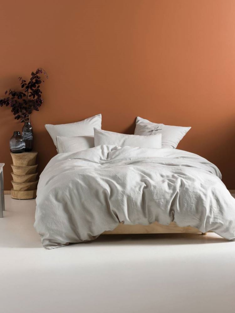Grey linen queen duvet cover set, pre-washed for softness, includes two pillowcases for a relaxed, natural look.