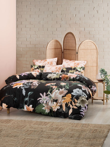 Super King duvet cover set in floral design with warm tones on dark brown, crafted from soft 100% cotton sateen by SAVONA.