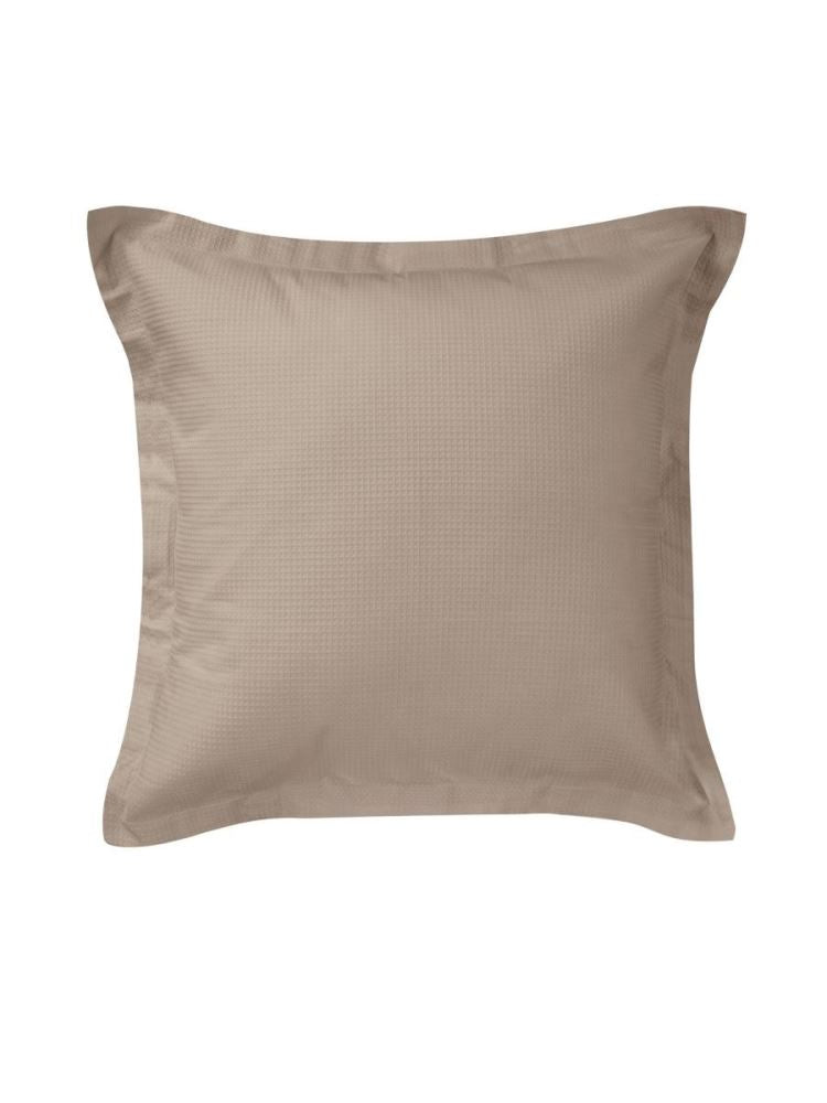 Taupe Euro pillowcase with waffle texture front and cotton percale reverse, ideal for stylish bedroom decor.