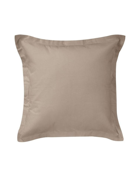 Taupe Euro pillowcase with waffle texture front and cotton percale reverse, ideal for stylish bedroom decor.