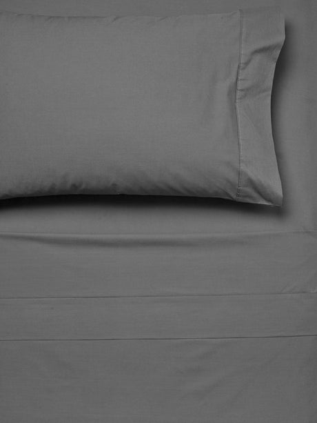 Charcoal Queen Sheet Set by Savona, 300T cotton percale, includes fitted sheet, flat sheet, and piped pillowcases for luxurious comfort.