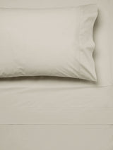 Super King Sheet Set in Linen by Savona, 300T cotton, includes flat, fitted, and piped pillowcases for luxurious comfort.