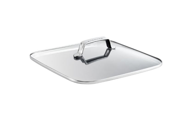 Scanpan Techniq 28cm glass lid with stainless steel rim and cast steel handle, oven-safe up to 230°C for versatile cooking.